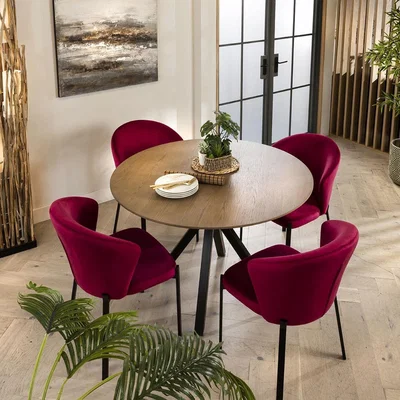 Quatropi Contemporary Stained Round Solid Wooden Dining Set For 4 Red Velvet