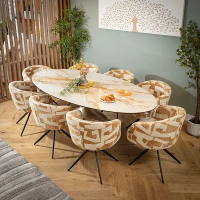Quatropi Large Oval 8 Seater Ceramic Marble Dining Table and Chairs Set Yellow White