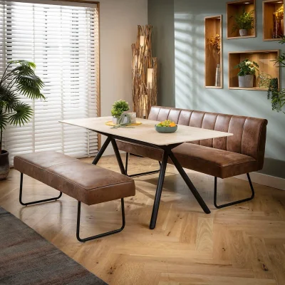 Quatropi Modern 6 Seater Bench Dining Set Brown & Beige Stone Ceramic XBT