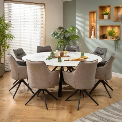 Quatropi Large Round Extendable Dining Table and Chairs 8 Seater Set Grey White Ceramic
