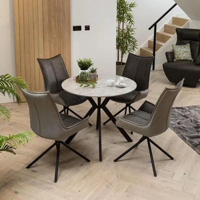 Quatropi Premium Dining Set 4 Seater Round Grey Ceramic Marble Dining Table And Grey Chairs