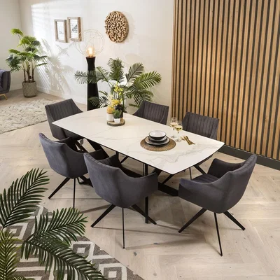 Quatropi Luxury White Ceramic Extending Table & Grey Swivel Chairs - 6 Seater Dining Set