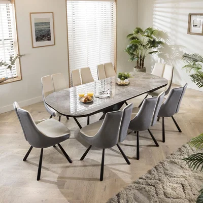 Quatropi Grey Extending Ceramic Table, Cream Velvet Chairs - 8 Seater Dining Set