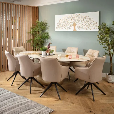 Quatropi Large Oval 8 Seater Ceramic Marble Dining Table and Chairs Set Cream White