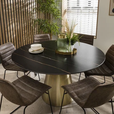 Quatropi Quatropi Round Dining Set 6 Person - Black Ceramic Marble Table - Brown Chairs