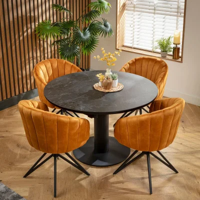 Quatropi Modern Round Extendable Dining Table and Chairs 4 Seater Set Saffron & Black Ceramic