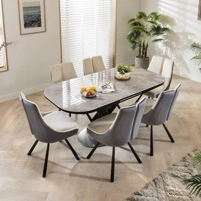 Quatropi 6 Seater Durable Grey Ceramic Extending Dining Table & Velvet Chairs Set