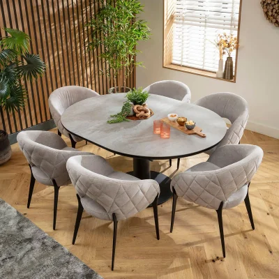 Quatropi Contemporary Modern Round Extendable Dining Table and Chairs 6 Seater Set Grey Ceramic
