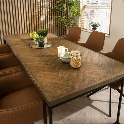 Quatropi Emma Solid Wood Herringbone 6 Chair Dining Set Tan