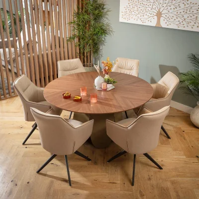 Quatropi Contemporary 6 Seater Round Dining Table and Chairs Set Cream Walnut Wood