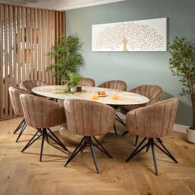 Quatropi Large Oval 8 Seater Ceramic Marble Dining Table and Chairs Set Brown White