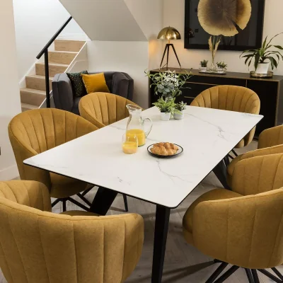 Quatropi White Marble-Look Ceramic Table & Mustard Chairs - 6 Seater Dining Set