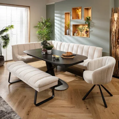Quatropi Modern 9 Seater Extendable Corner Bench Dining Set Stone & Black Ceramic RBB1