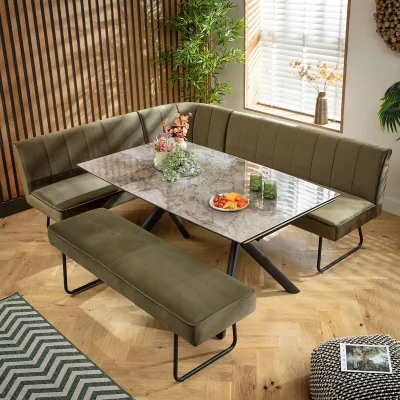 Quatropi Modern 8 Seater Extendable Corner Bench Dining Set Green & Grey Ceramic LRBB