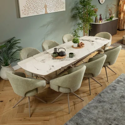 Quatropi Large 8 Seater Extendable Dining Table and Chairs Set Green White Ceramic