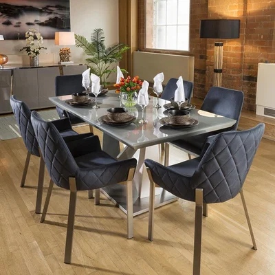 Quatropi Modern 6 Seater Glass Dining Table And Chairs Set Grey Blue Fabric
