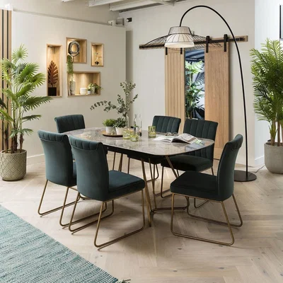 Quatropi Extending Ceramic Marble 6 Seat Table and Chair Dining Set Teal Vevet