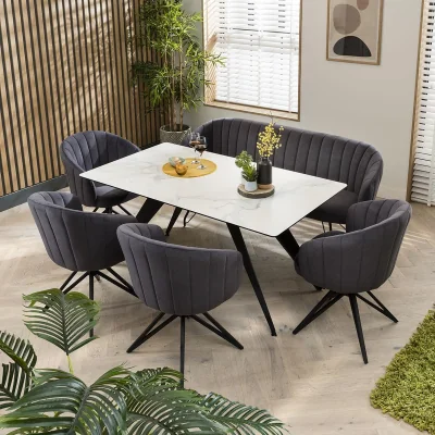 Quatropi Modern Dining Table With Bench And Chairs Set - 6 Seater - White Ceramic
