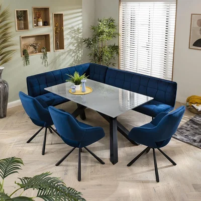 Quatropi Corner Bench Dining Set Right-Hand Glass Dining Table 8 Seater Blue