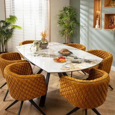 Quatropi Modern Round Extendable Dining Table and Chairs 6 Seater Set Mustard Yellow & White Ceramic