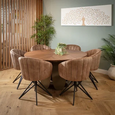 Quatropi Contemporary 6 Seater Round Dining Table and Chairs Set Brown Walnut Wood