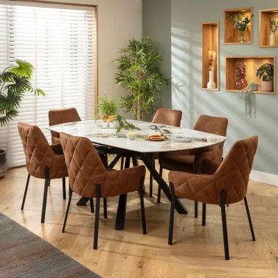 Quatropi Modern Round Extendable Dining Table and Chairs 6 Seater Set Brown & White Ceramic