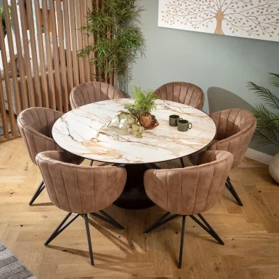 Quatropi Modern Round Ceramic Marble Dining Table and Chairs 6 Seater Set Brown White