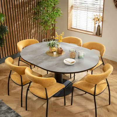 Quatropi Luxury Round Extendable Dining Table and Chairs 6 Seater Set Yellow Gold & Grey Ceramic