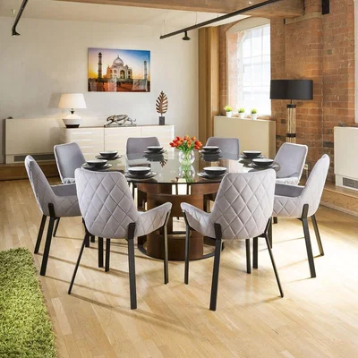 Quatropi Large Round Glass Top Walnut Dining Table + 8 Light Grey Chairs
