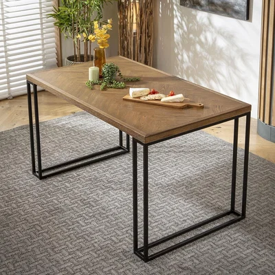 Quatropi Elsie 6 Seat Solid Wood Herringbone Dining Set Cream & Stained Wood