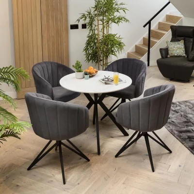 Quatropi Round Dining Table And 4 Chairs Set - White Ceramic Marble Table - 4 Seater Dining Set