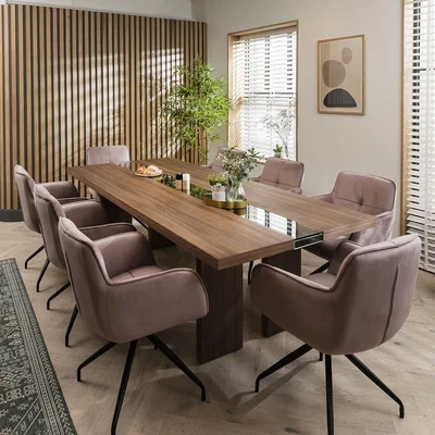 Quatropi Premium Large 8 Seater Dining Table And Chairs Set Modern Swivel Pink 240cm