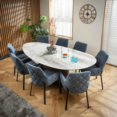 Quatropi Large Contemporary Oval Dining Table and Chairs 8 Seater Set Blue Chenille & Grey Ceramic