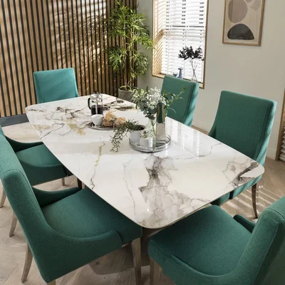 Quatropi Modern 6 Seater Large Dining Set - Ceramic Dining Table And Swivel Leather Chairs