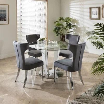 Quatropi 4 Seater Round Glass Dining Set - Pedistal Base With Grey Velvet Chairs