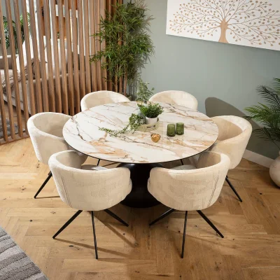 Quatropi Modern Round Ceramic Marble Dining Table and Chairs 6 Seater Set Cream White