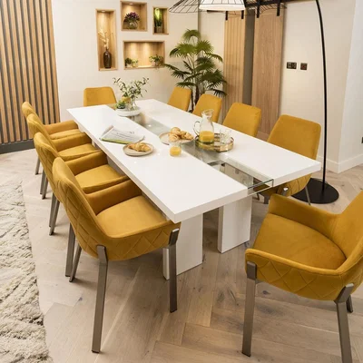 Quatropi Modern 10 Seat Dining Table and Chairs Set White Gloss Mustard Yellow