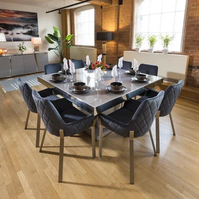 Quatropi Large Modern 8 Seater Square Chrome Kitchen Dining Set Blue Fabric