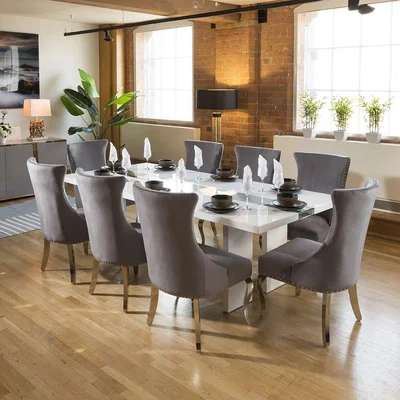 Quatropi Luxury White / Glass Dining Table Set + 8 Grey Chairs Chrome legs
