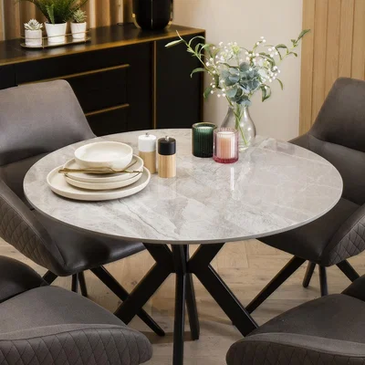 Quatropi Compact Round 4 Seater Dining Table And Chairs Set - Grey Ceramic Marble Table