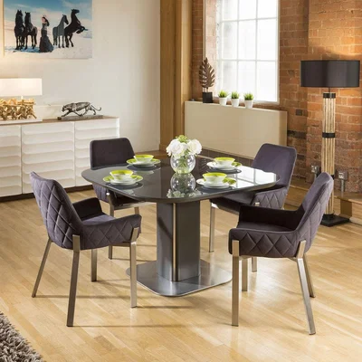 Quatropi Dining Set Grey Glass Square Extending Table + 4 Dark Grey Chairs 1649