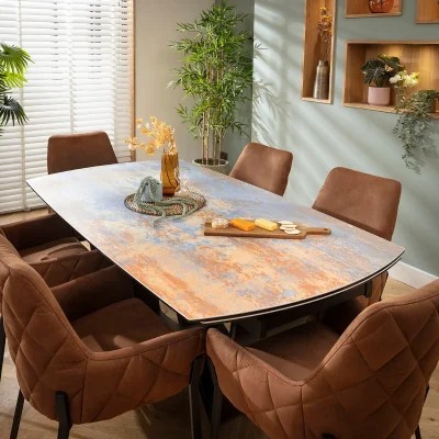 Quatropi Premium Extendable Dining Table and Chairs 6 Seater Set Brown & Rustic Blue Ceramic