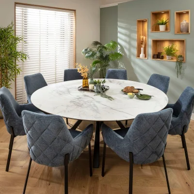 Quatropi Large Round Extendable Dining Table and Chairs 8 Seater Set Blue Chenille White Ceramic