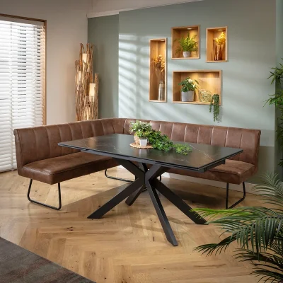 Quatropi Luxury 5 Seater Extendable Corner Bench Dining Set Brown & Black Ceramic LRT