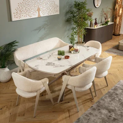 Quatropi 7 Seater Extendable Bench Dining Table and Chairs Set Cream White Ceramic