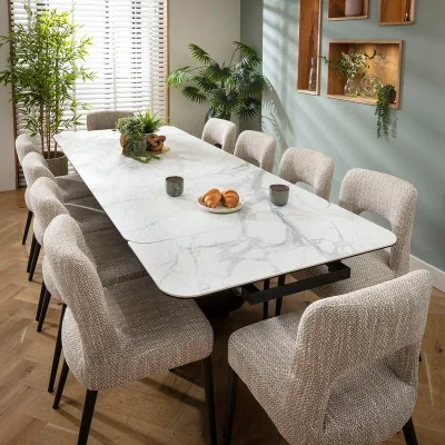Quatropi Large Extendable Dining Table and Chairs 10 Seater Set Brown & Matte White Ceramic