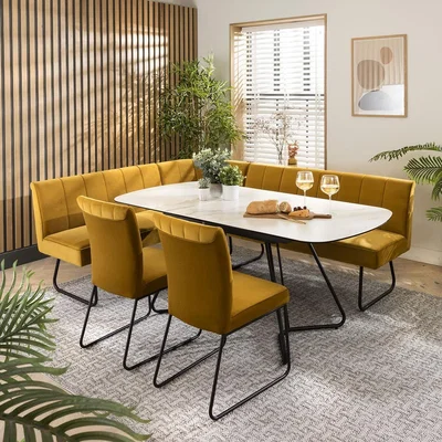 Quatropi Modern Corner Bench Dining Set 8 Seater Ceramic Extending Mustard Velvet