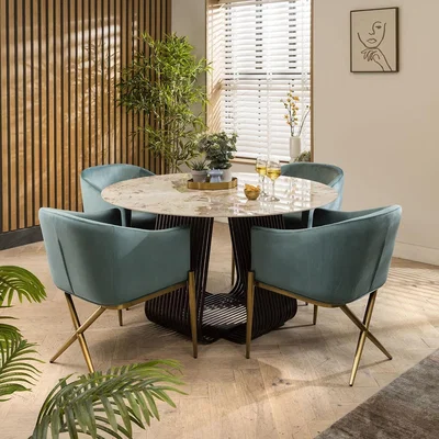 Quatropi Ceramic Marble Round Dining Table And 4 Chairs Dining Set Green 135cm