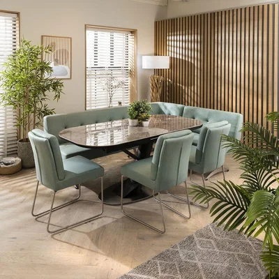 Quatropi Corner Dining Bench Set Extending Ceramic 8 Seater Faux Suede Green