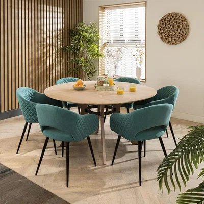 Quatropi Lucy 6 Chair Natural Round Solid Wooden Dining Set Teal